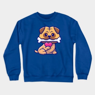 Cute Pug Dog Bite Bone And Holding Love Cartoon Crewneck Sweatshirt